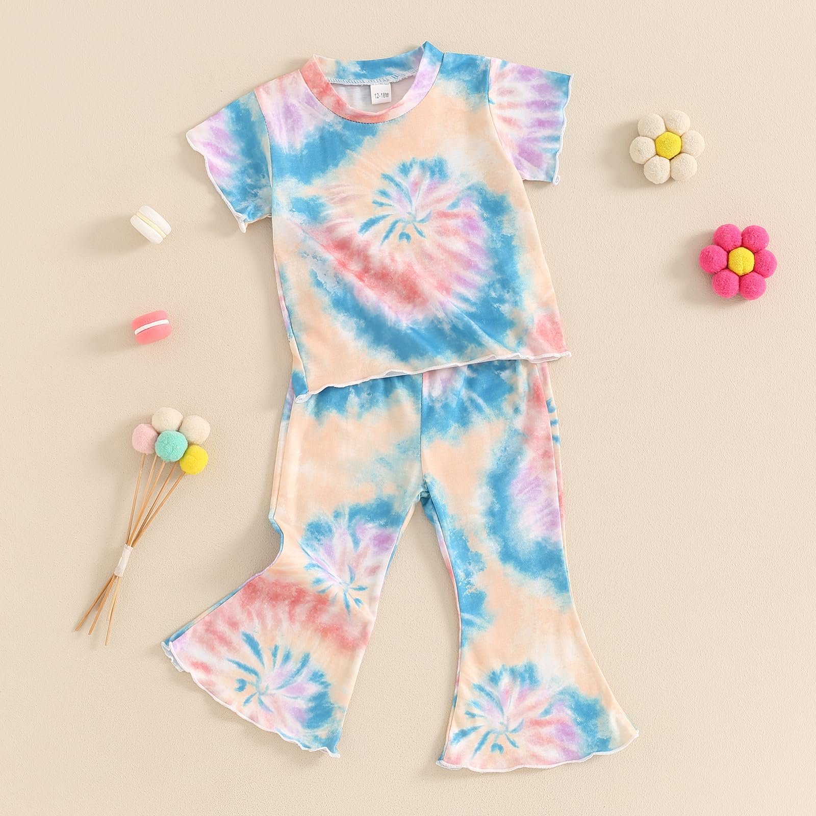 Frietlebird Toddler Baby Girl Summer Clothes Ruffled Tie Dye Short Sleeve T-shirt with Bell Bottoms Pants Sets Summer Outfits 2Pcs (A-Colorful,18-24 Months)