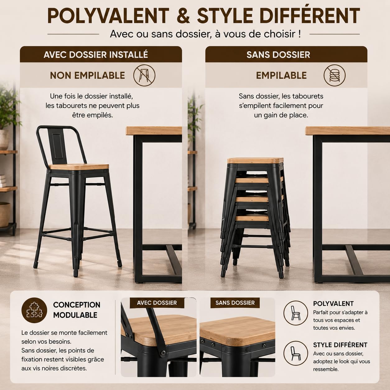 Kosmi Lot de 4 Tabourets de Bar Industriels Hauteur 76 cm avec Dossier – Métal Noir Mat et Assise Bois Clair Naturel – Chaises de Bar pour Îlot de Cuisine, Snack, Mange-Debout, Restaurant