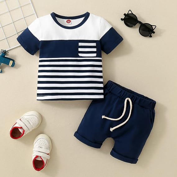 Baby Boy Summer Outfit Henley Shirt Stripe Short Sleeve Pocket T-Shirt Tops + Shorts Infant Clothing Set