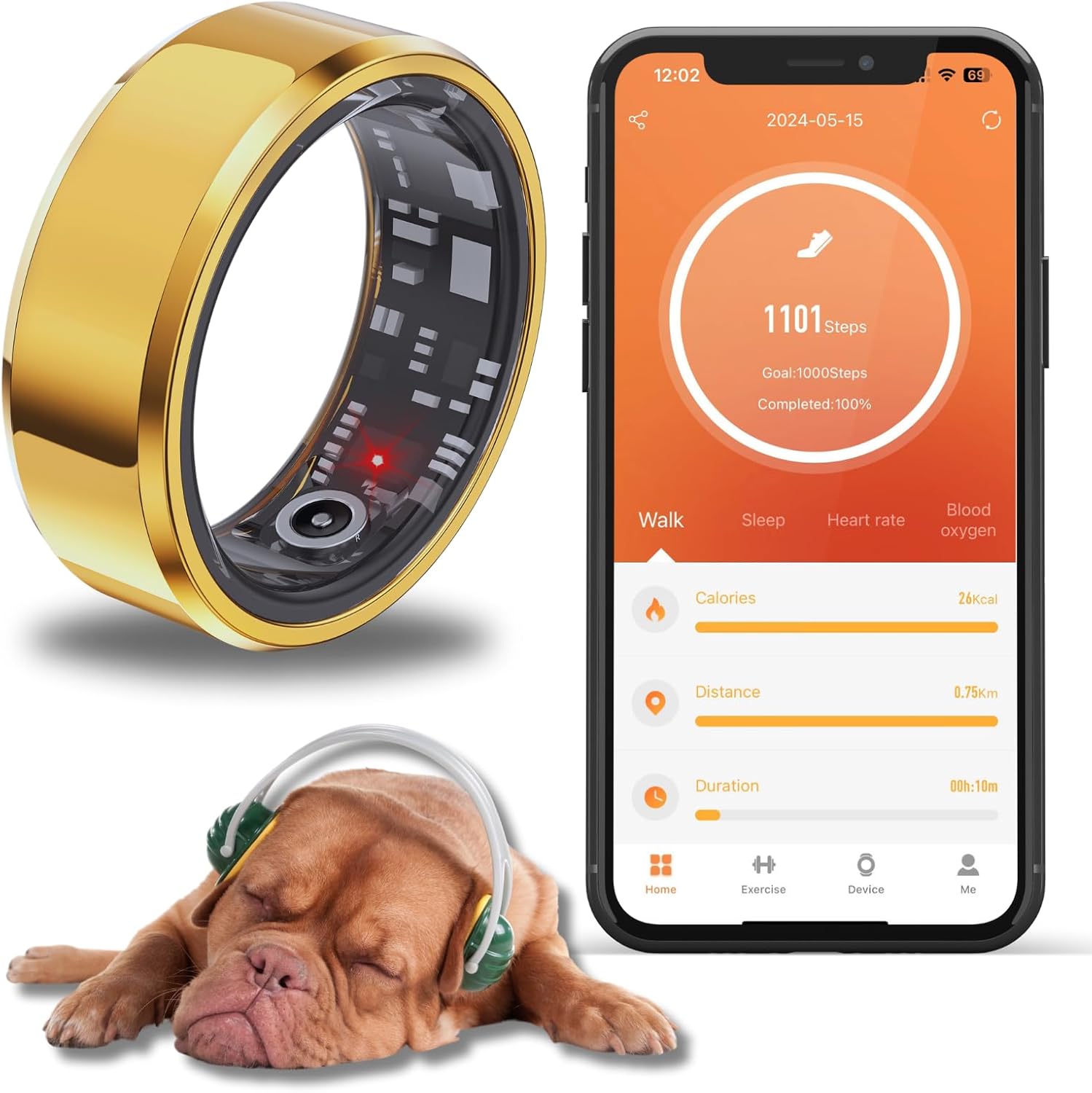 Smart Ring Health Tracking Sleep Tracker for Men and Women, Fitness Tracker, Heart Rate, Blood Oxygen Monitor, Calorie Tracker, Shake and Take Photos, Waterproof (Midnight Black, #12-67.2mm/2.65in)