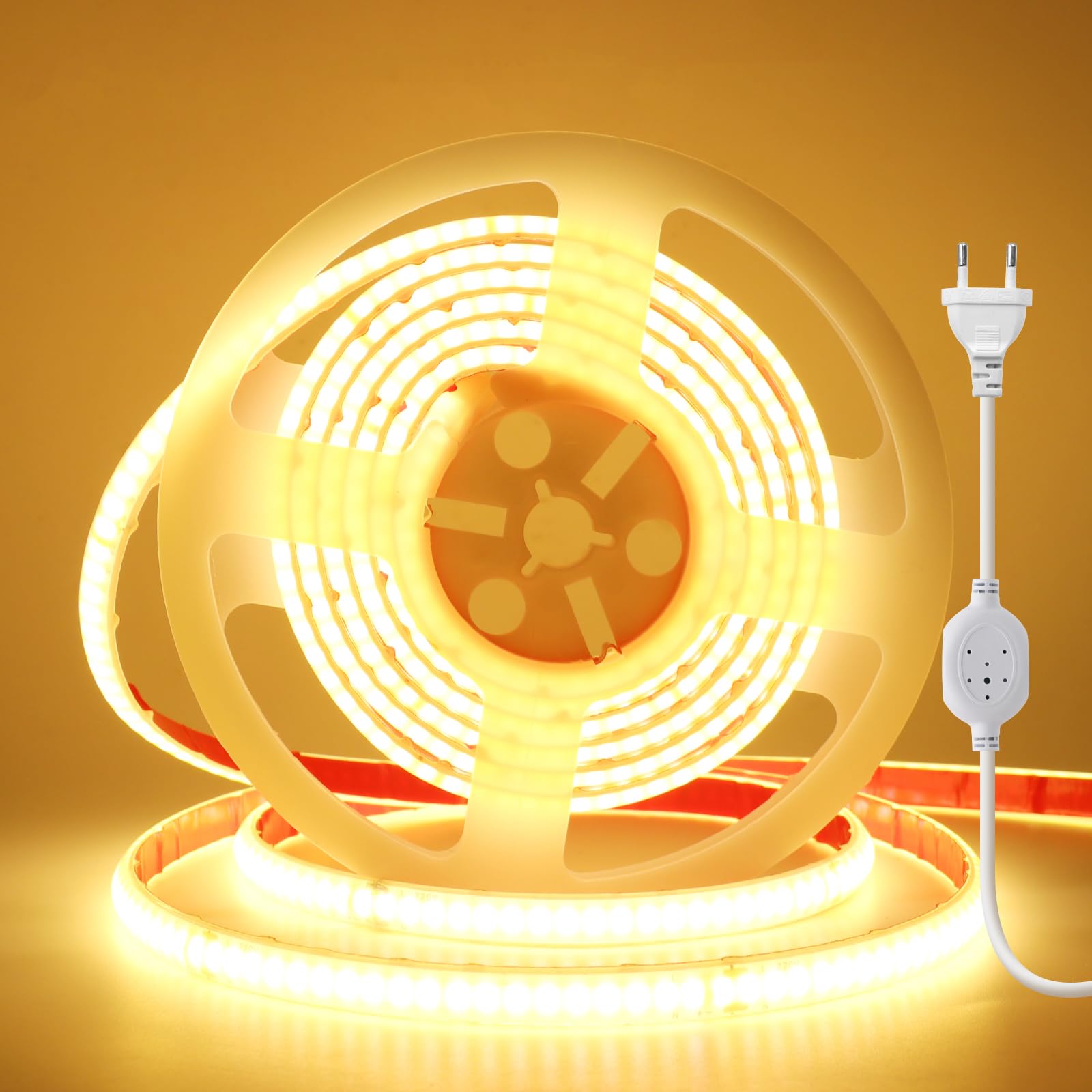 Anschluss an AC220-240V COB Stripe, IP67 Wasserdichtes COB Band Selbstklebeband mit Stecker, Schnitt alle 10cm, 240LEDs/m Flexible Superhell CRI≥85 LED Streifen für Weihnachten (Warmweiß，40m)