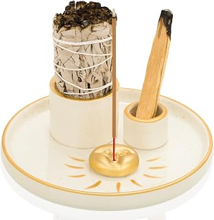 ZenBless Multifunction Incense and Candle Holder for Burning Sage, Palo Santo, Incense Sticks - 5.9" Ceramic Ash Catcher Tray for Meditation Room Home Decor (Gold)