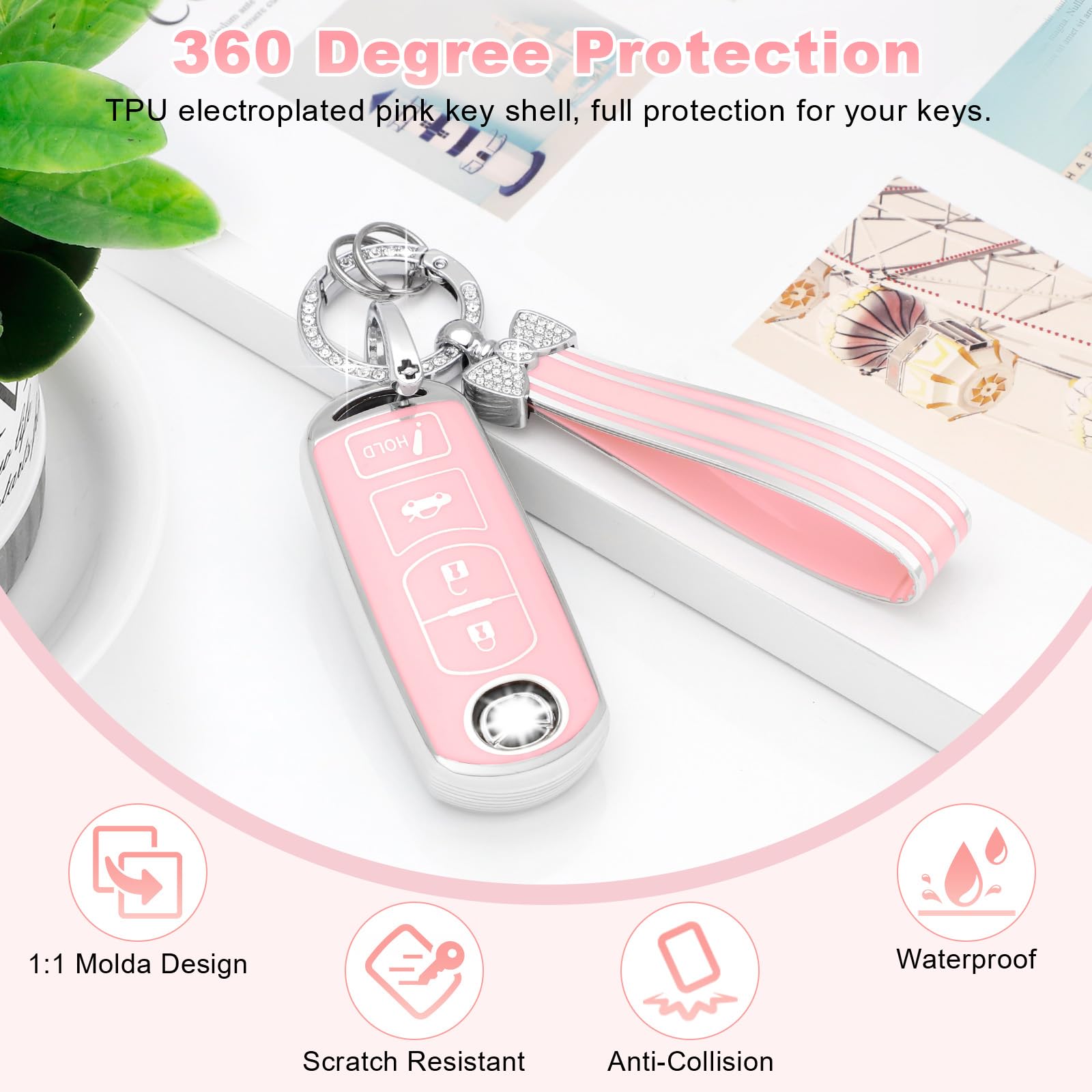 PIFOOG Key Fob Cover for Mazda 3 6 CX5 MX-5 Miata CX9 CX3 Accessories Pink 4 Button Car — view 3