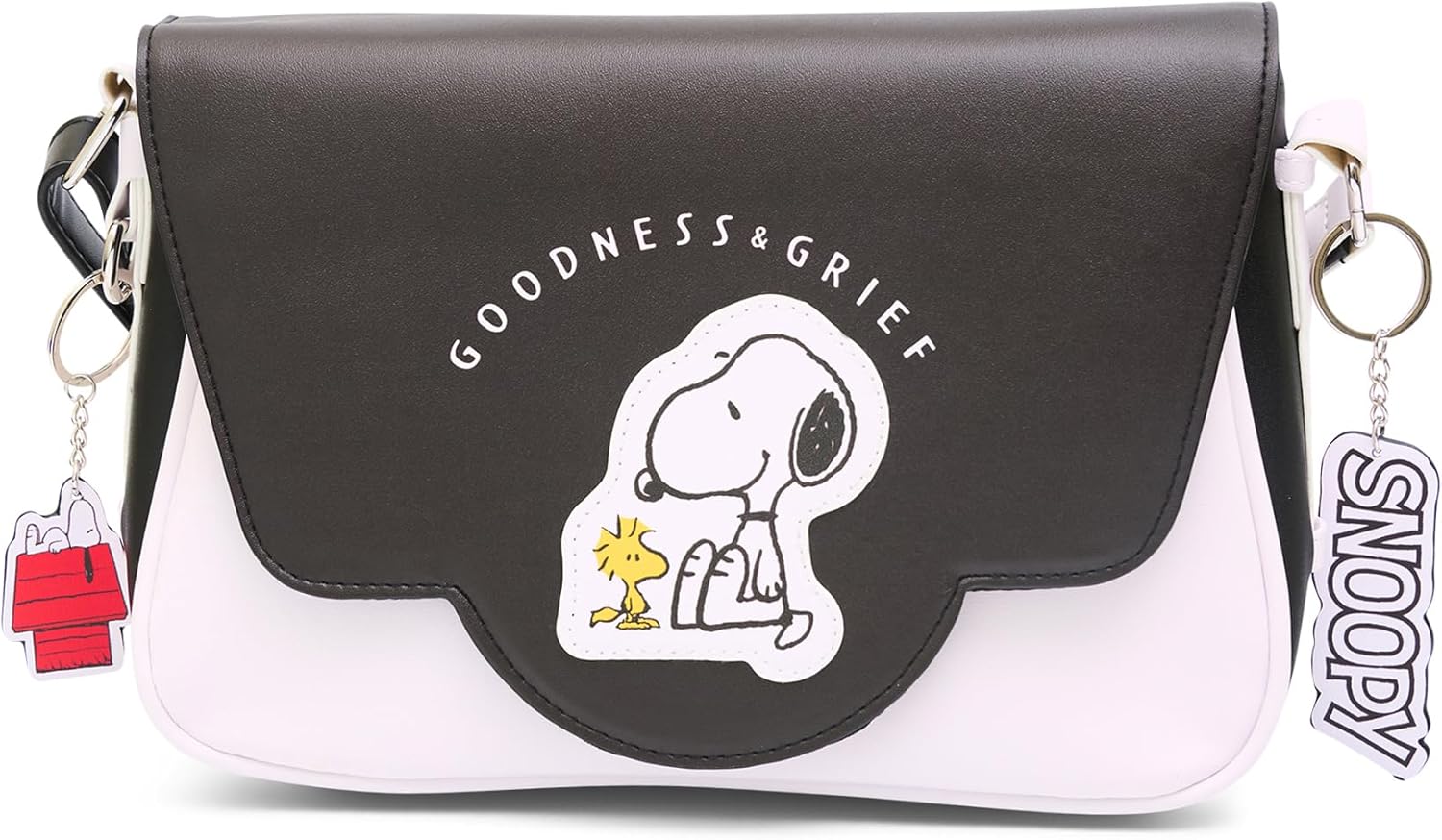 Peanuts Bag, Fold Over Crossbody, Peanuts Woodstock and Snoopy Goodness and Grief Pose Black, Vegan Leather