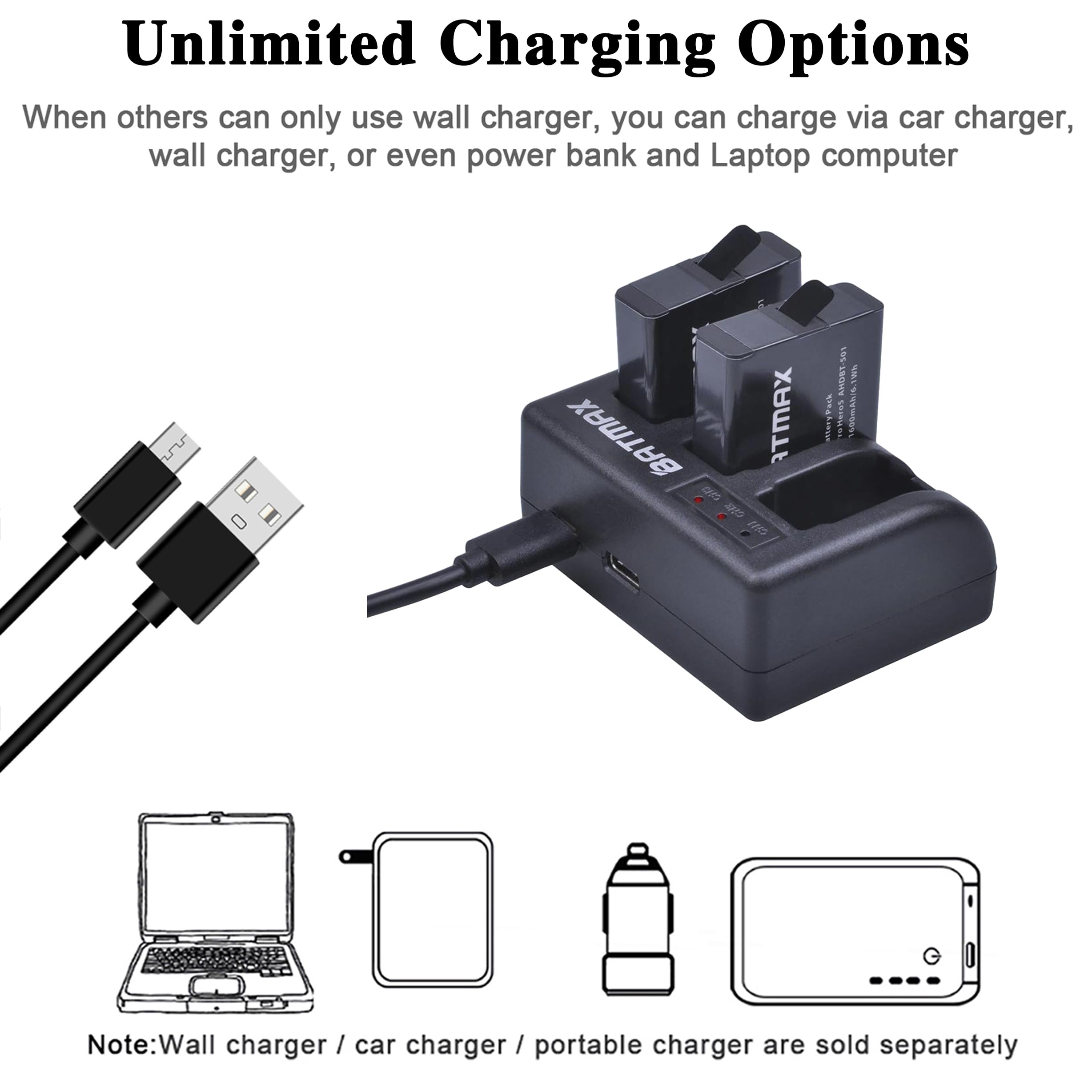 Batmax GoPro Hero 5/6/7/8 Replacement Batteries (3 Pack) 3-Slots USB  Charger with Tpye C Port for GoPro Hero Hero Hero Black Gopro 2018  (Fully - Main Image