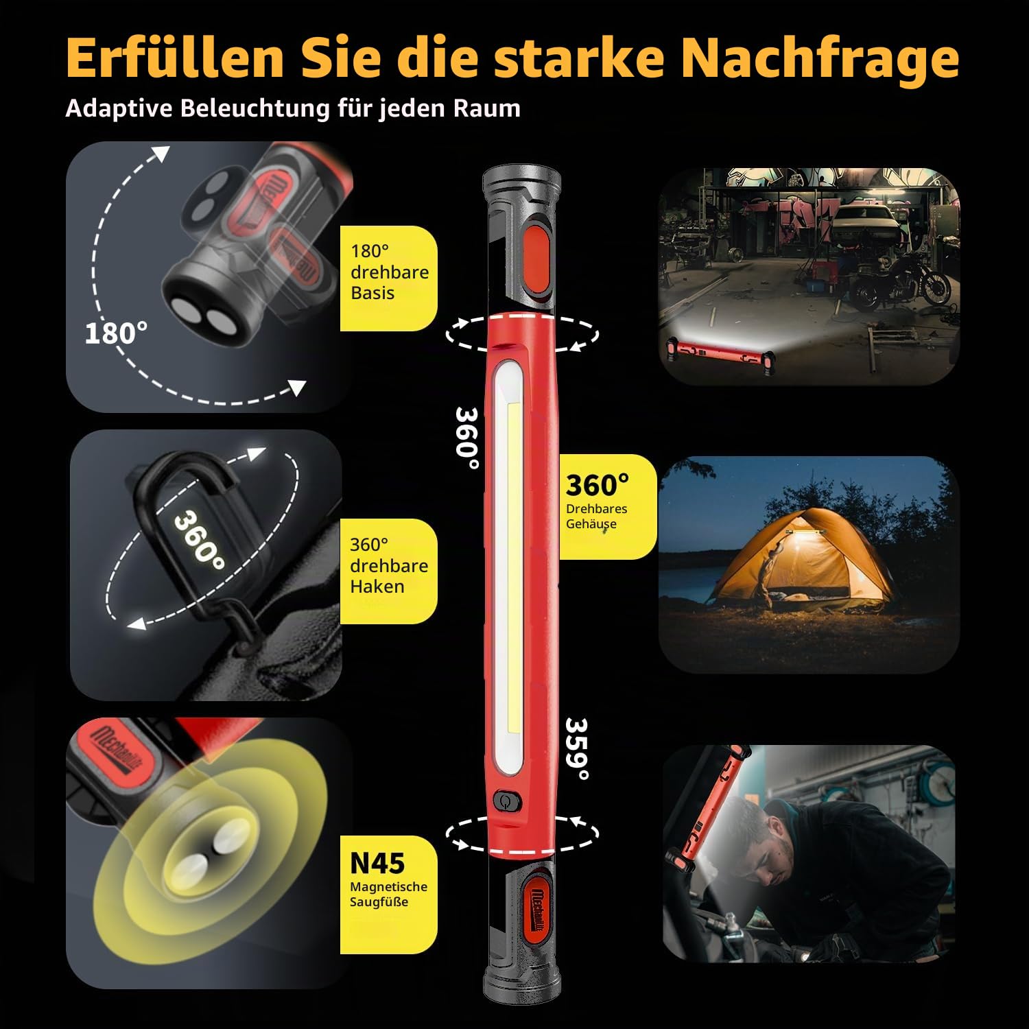 Unterhauben-Arbeitslichtleiste, 3000 lm, LED, magnetische Lichtleiste mit Haken, 5200 mAh, schnurlos, wiederaufladbar, für Mechaniker/Autoreparatur/Garage,red
