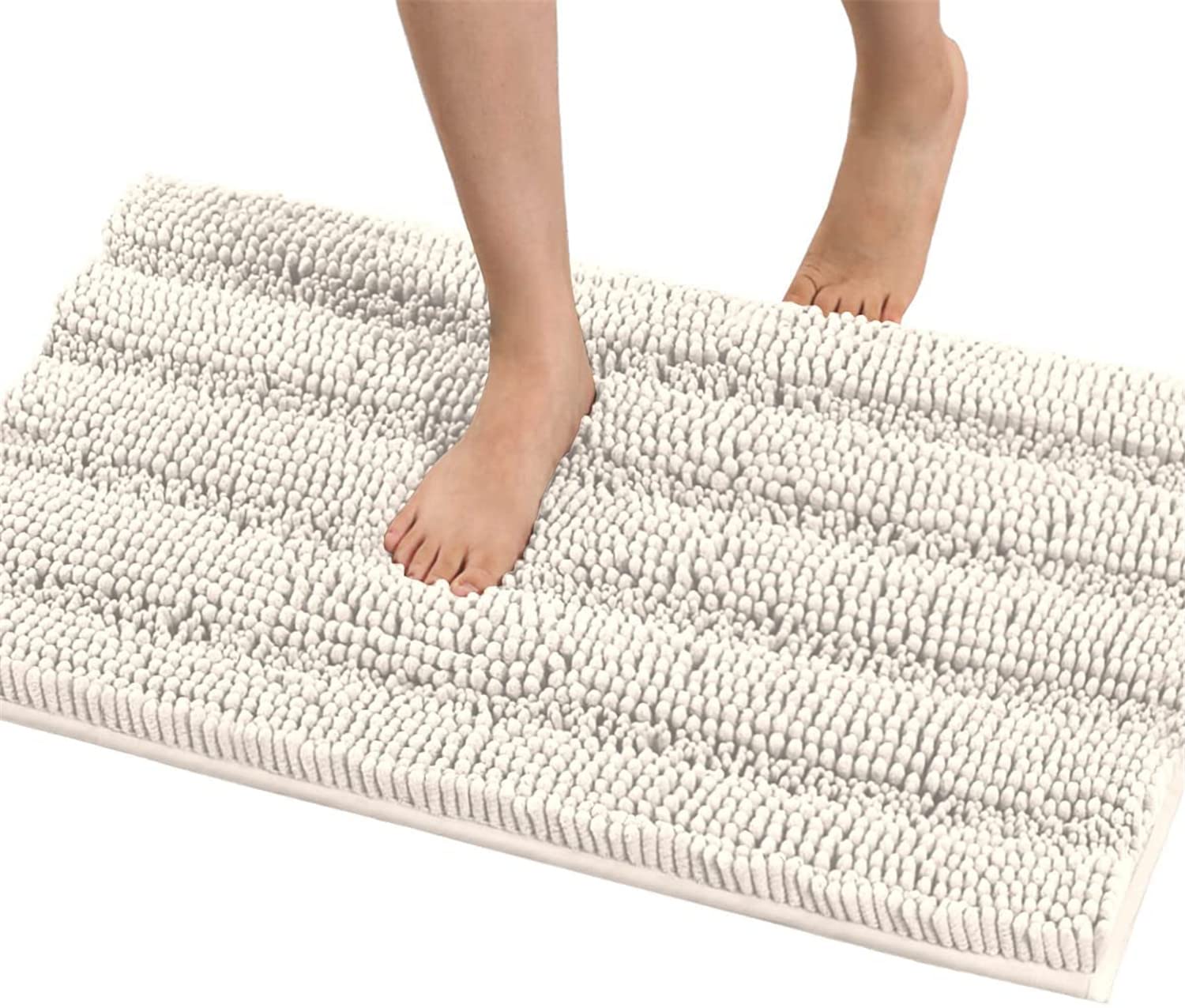 LINFKY Bath Mat Bath Rug for Bathroom Luxury Chenille Striped Bathroom Rug Mat Extra Soft and Absorbent Microfiber Shaggy Rugs Non Slip Rug Quick Dry Bath Mat Washable (Ivory,50 x 80 cm)