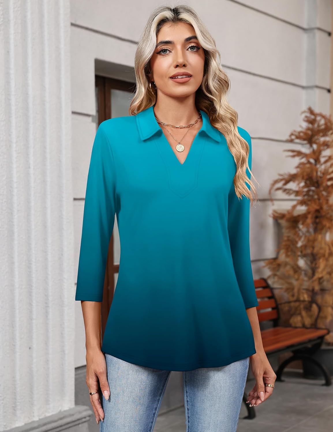 LOMON 3/4 Length Sleeve Womens Tops 2026 Spring Summer Collared Polo Shirts V Neck Casual Basic Polos Tees Shirt - Image 2