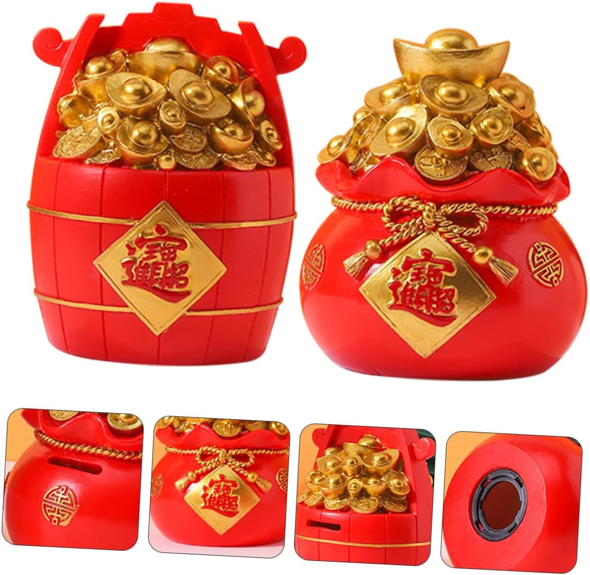 2 Pcs Red Resin Fortune Bucket and Bag Piggy Bank Year Coin Storage Jars Festive Desktop Money Banks for Adults Savings Jar for Home and Office Decor