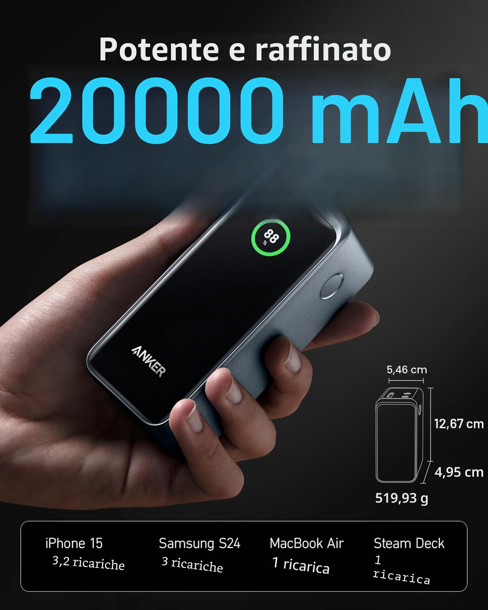 Anker Prime Power Bank, Caricabatterie Portatile da 72Wh con Uscita a 200W, Display Digitale, Compatibile con iPhone 16, Samsung, MacBook, Dell