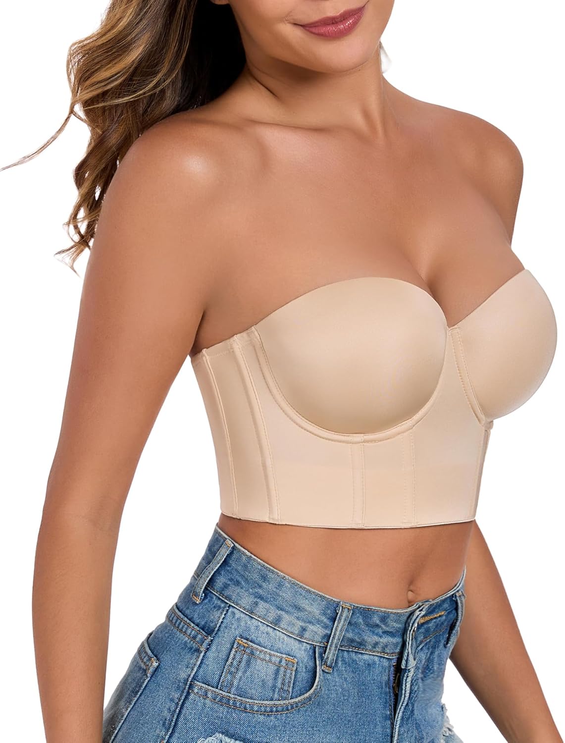Lemorosy Women's Longline Strapless Bra Full Coverage Bustier Anti Slip Underwire Full Figure Plus Size Corset Top