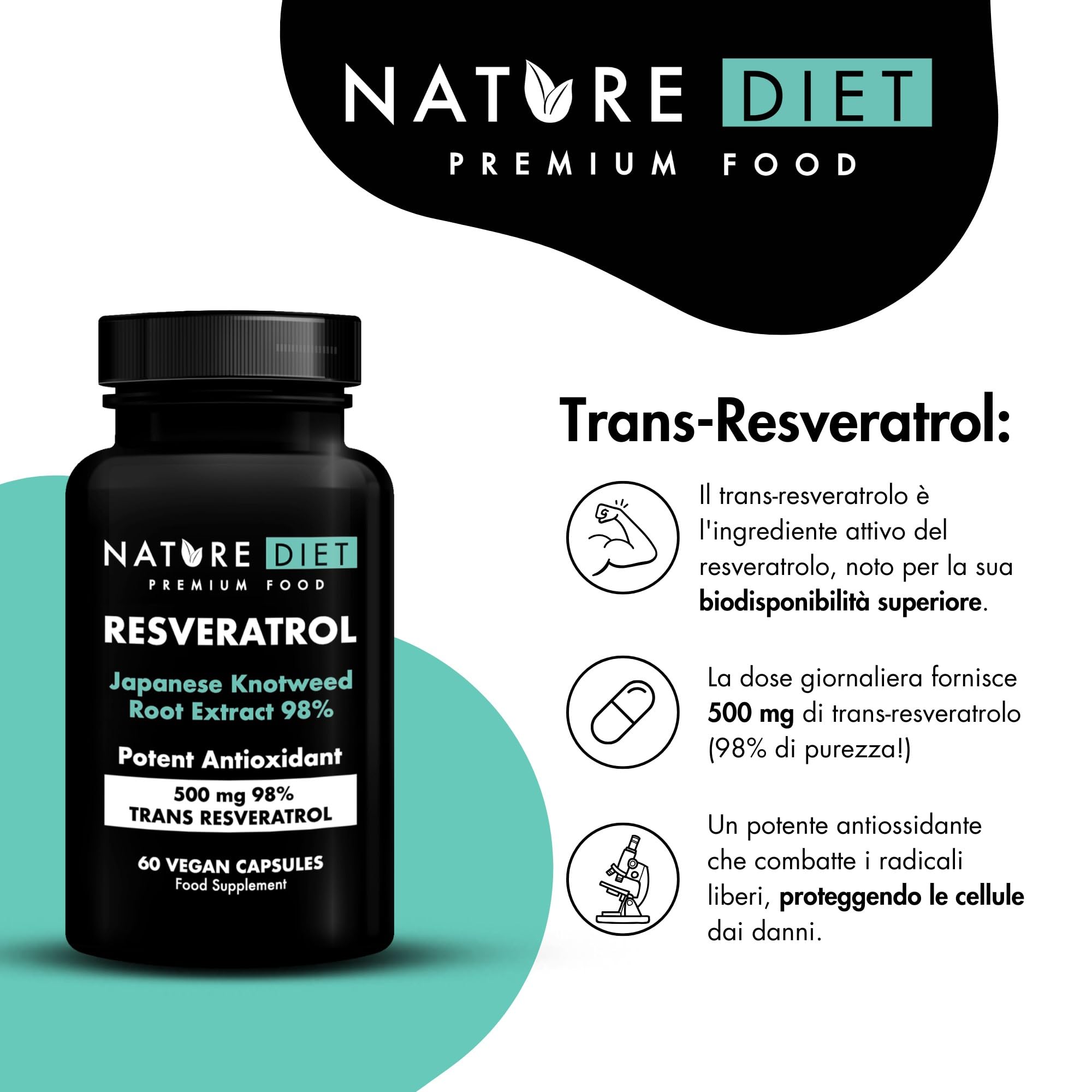 Nature Diet Resveratrol - 500 mg di Trans-Resveratrolo (98%) - Estratto di Poligono del Giappone - 60 Capsule Vegane - Sostegno Antiossidante - Supporta un Invecchiamento Sano e il Benessere Cellulare
