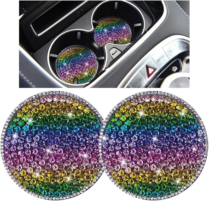 Kit com 2 Protetores de Porta-Copos Automotivos TNAIYH Redondos com Strass e Base Antiderrapante, 6,99 cm, Estampa Strip