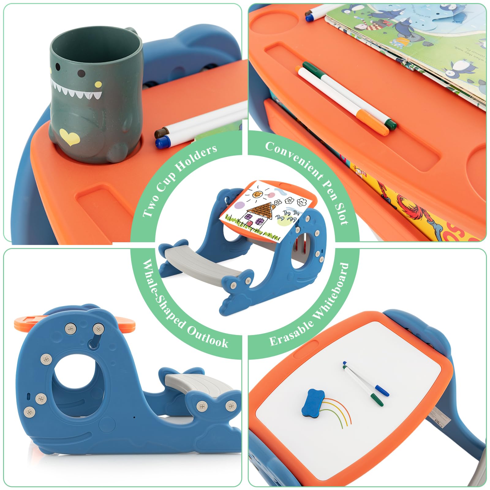 HOMASIS Table d'activités convertible 4 en 1 avec banc, table à dessin en forme de baleine, pour enfants de plus de 1 an, 67 x 54 x 39 cm, bleu
