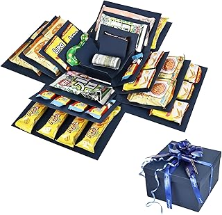 Überraschung Box, 5 Lagige Explosionsbox Überraschungsbox Geburtstag mit Band Geschenkbox Snack Geschenkkarton DIY Handgemachte Geschenkkoffer für Geburtstag Hochzeitstag Blau