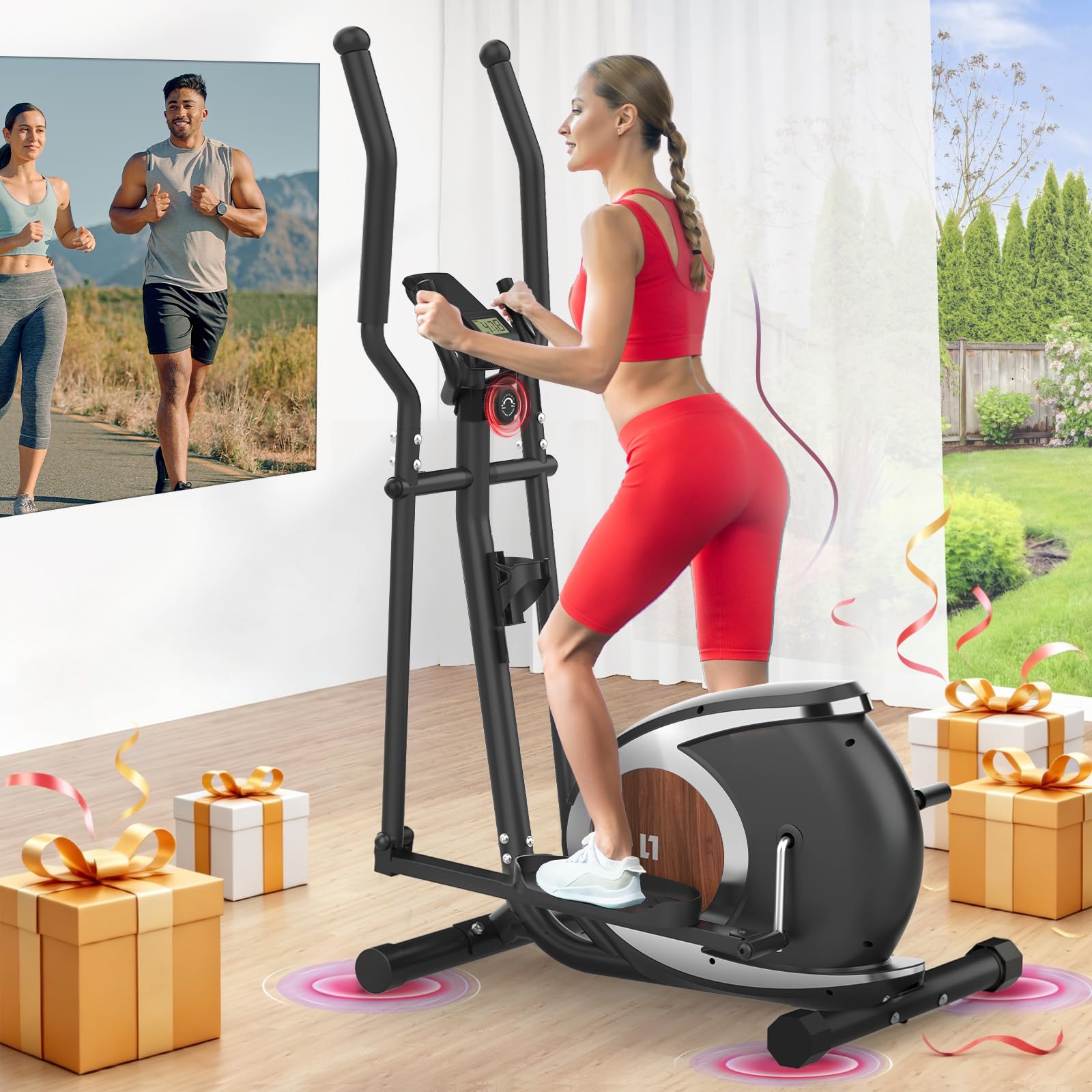 Neezee Bicicleta Elíptica Magnético, Máquina Elíptica Ultra-Silenciosa para Casa Soporte Fitness App, Volante de inercia de 6 KG, con 16 Niveles de Resistencia Ajustable, Monitor LCD