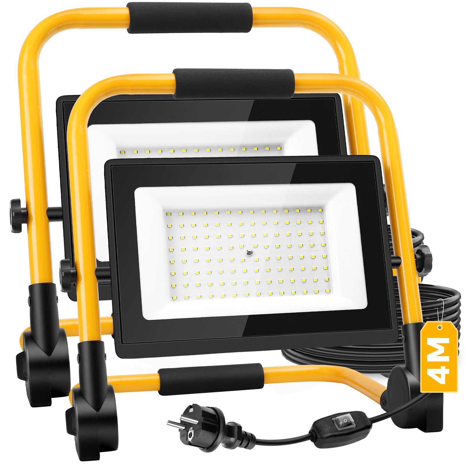 Aigostar Faretto LED da Cantiere 100W con Interruttore Impermeabile，2 Pezzi，9000 Lumen，4 Metri di Filo，Farò LED da Cantiere con Spina，Luce Bianca 6500K，Portatile，Ideale per cantiere edile， officina