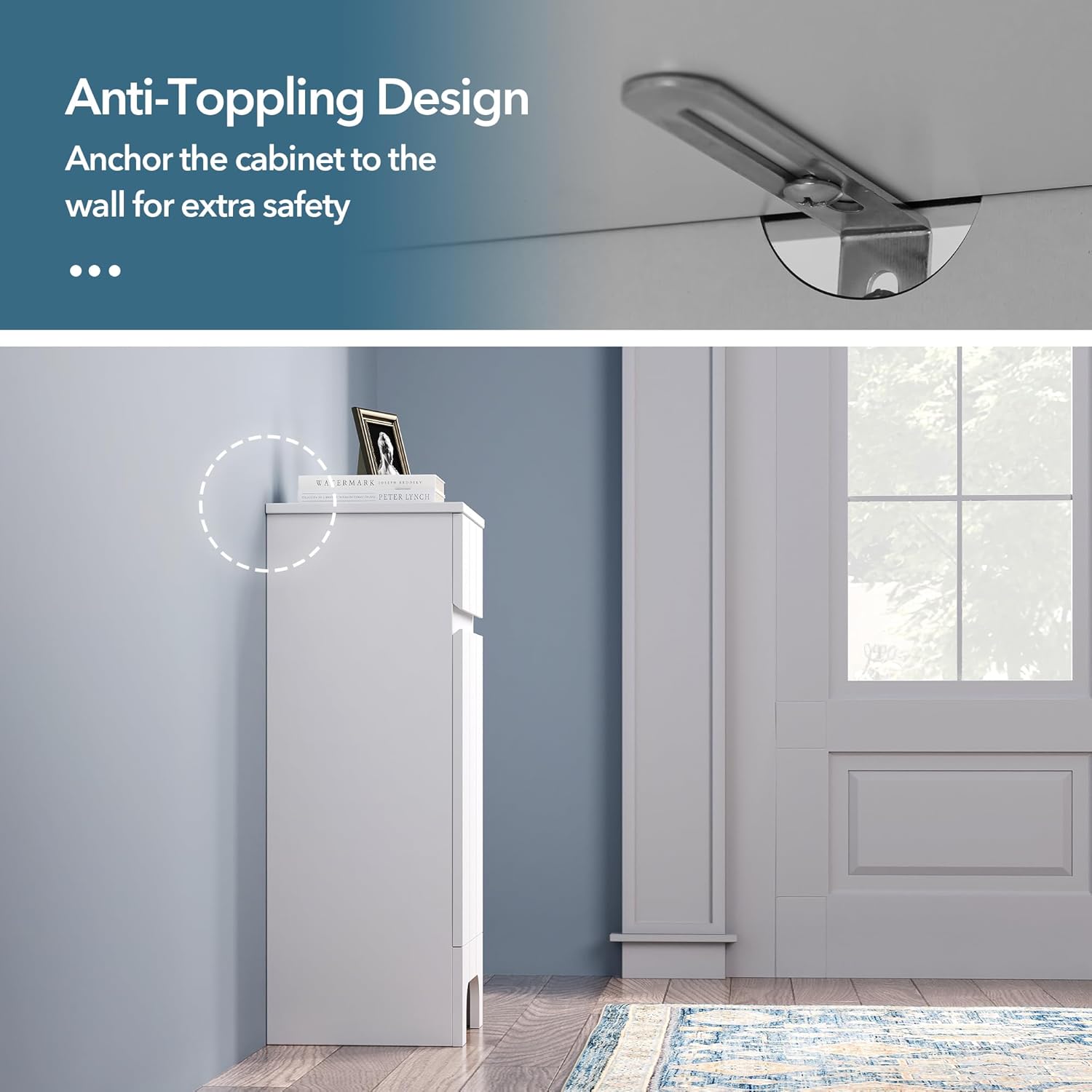 Small Bathroom Cabinet with Adjustable Shelves, Drawer, Anti-Tip Design, 14.96" L x 11.81" W x 32.09" H, Durable MDF for Bathroom, Kitchen, Laundry, Soft-Close Door