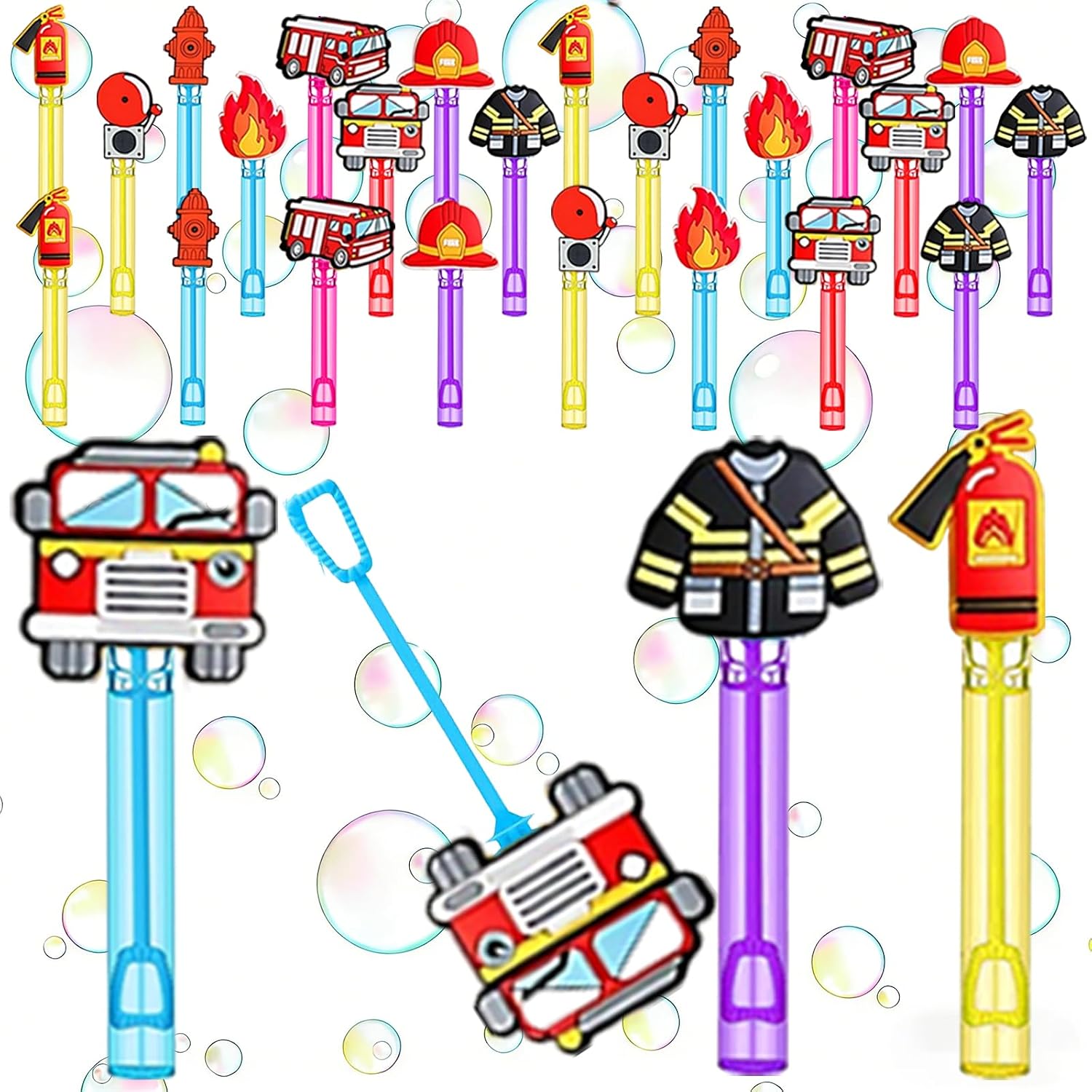24 Pcs Firefighter Bubble Wands, Fire Truck Party Favor Bag Fillers | Firefighter bubble wands with detachable fire truck and helmet toppers for party favors, goodie bags and pinatas.