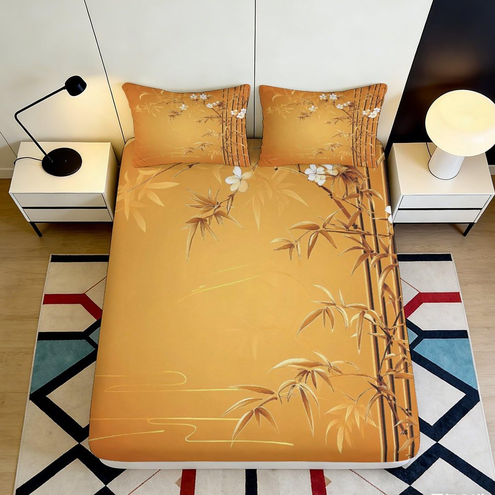 Jqzkxnhpbr Style-10 3D Printed Bamboo Blossom Fitted Sheet Microfiber Soft Gold Floral Orchid Mattress Cover For Bedroom Dorm Decor 90X200x25cm