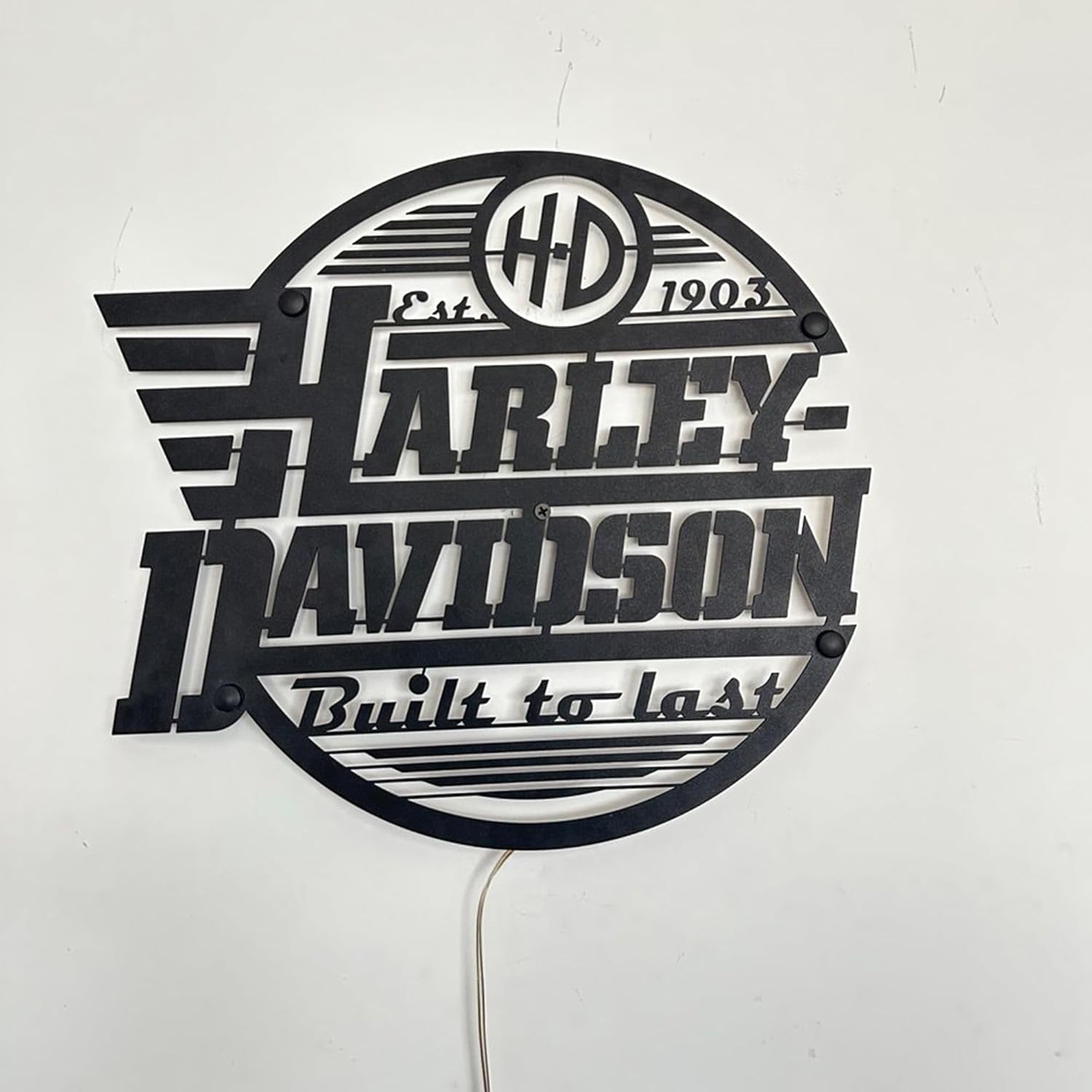 Harley Built to Last LED Wall Sign, Vintage Backlit Metal Logo, Neon Effect Light-Up Garage & Man Cave Decor for Bikers and Collectors (23 x 20 inches)