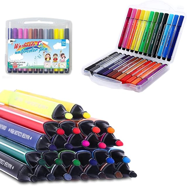 Marte Vanci Washable Colouring Pens for kids Non-Toxic Safe Drawing Pens Fiber Tip Colour Pen With Storage Box for Kids Colouring Books/Manga/Sketching 24 Assorted Colours Age 3+