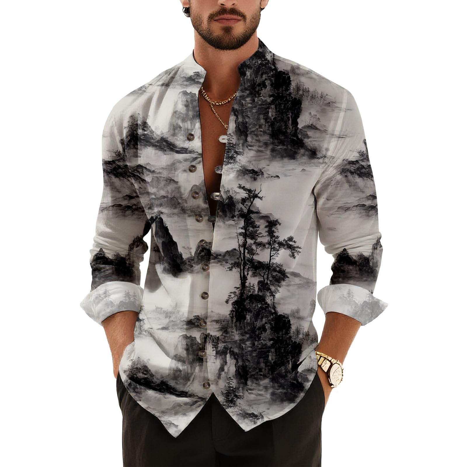 Mens Floral Graphic Henley Shirt Spring Long Sleeve Banded Collar Button Down Shirts Casual Fashion T-Shirt Tops