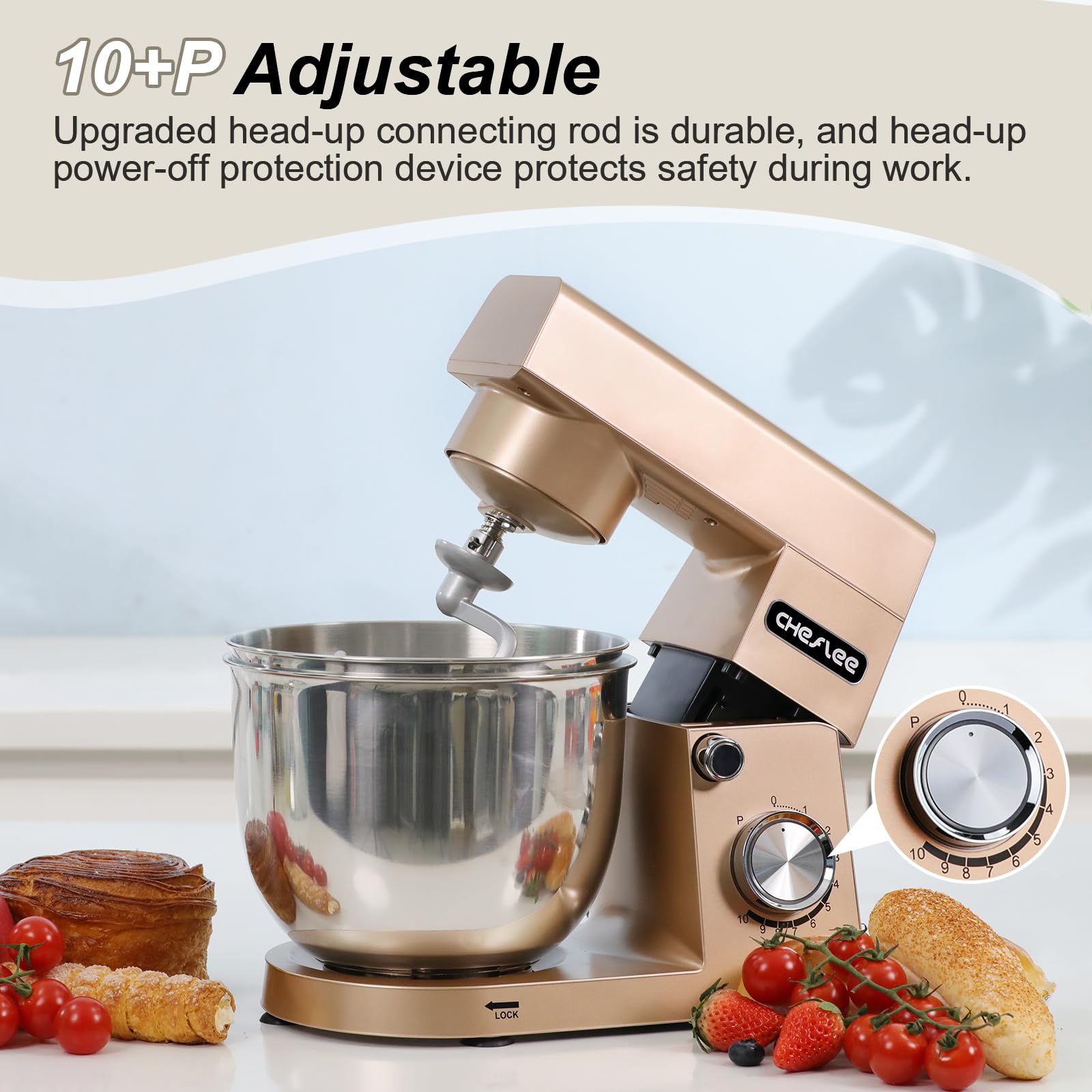Robot Patissier CHeflee,1500 W Robot Pâtissier,avec Bol en Acier Inoxydable de 4,5 et 5,5 L,10+P Vitesse,avec Crochet Mélangeur, Crochet Pétrisseur,Fouet et Protection Anti-Eclaboussures (Dore）