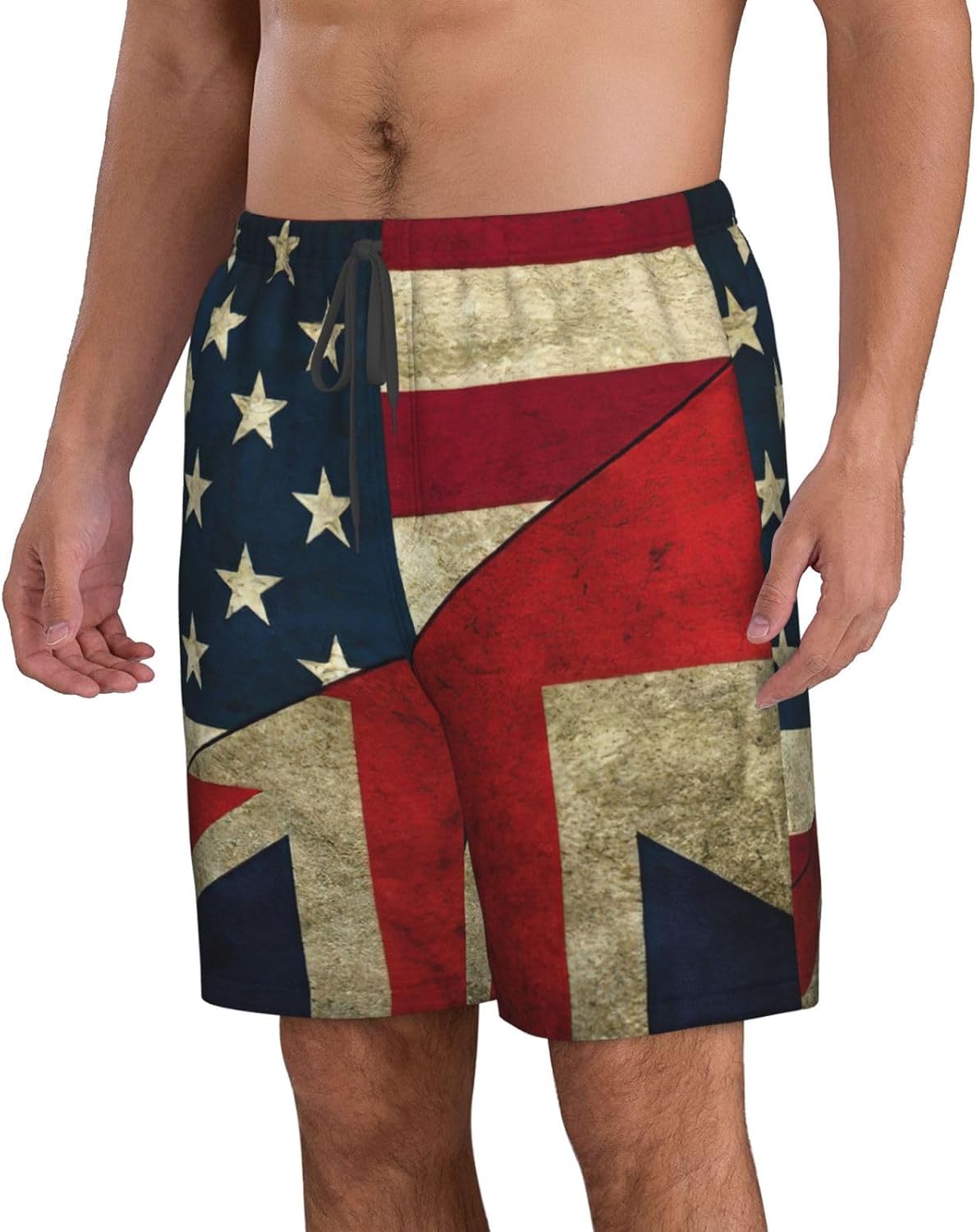 USA UK Flag Print Men's Hawaiian Beach Shorts Elastic Novelty Summer Casual Shorts with Pocket