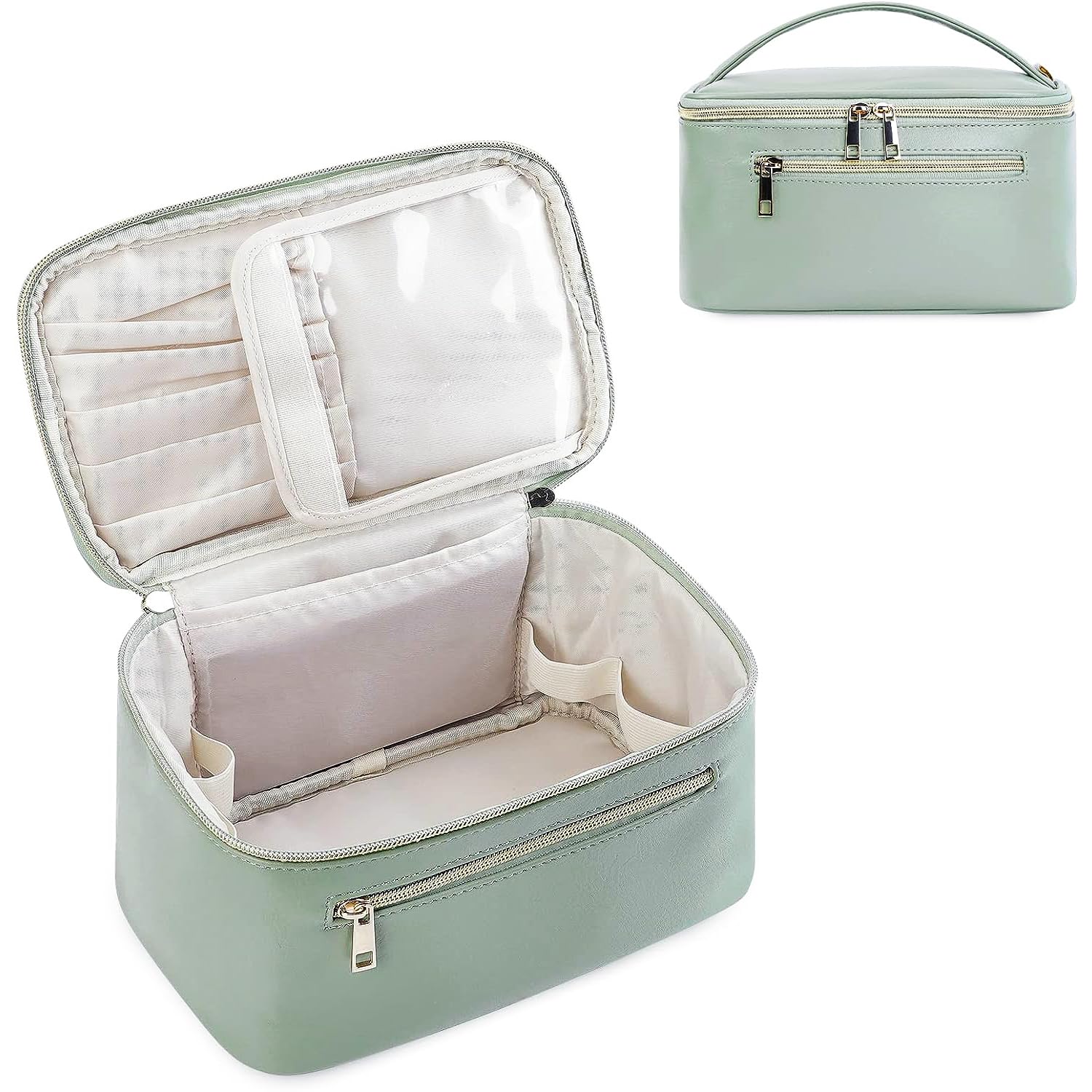 PawPawU® Makeup Bag, Travel Cosmetic and Toiletry Organizer, Vegan Leather Waterproof Beauty Washbag with Handle to Keep Your Make up, Brushes, Skincare Products Organized (Blue)