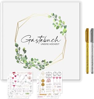 Gästebuch Hochzeit mit Gratis Sticker + Metallic Stifte 120 Seiten Hochzeitsgästebuch Eukalyptus Vintage Wedding Guestbook Hochzeitsdeko Brautpaar