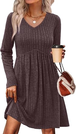 OFEEFAN Long Sleeve Sweater Dress Fall Dresses 2025 V Neck Empire Waist Baby Doll Dresses Women Casual Dress with Pockets
