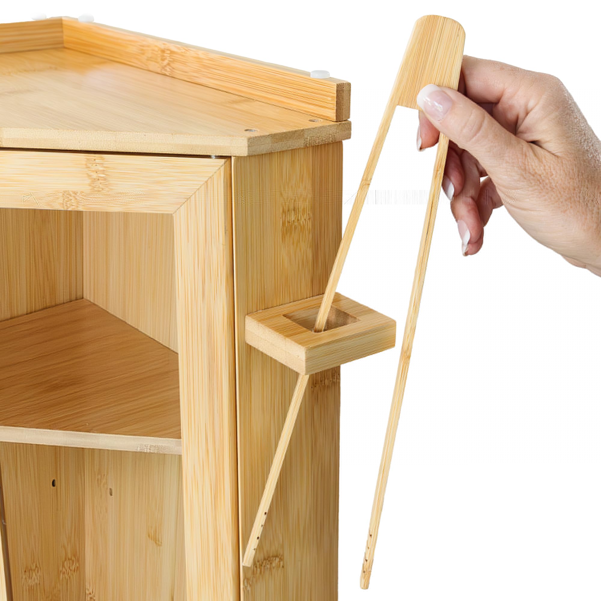 Scatola per pane angolare per piano di lavoro della cucina, grande capacità, per bancone della cucina, con spazio extra sulla parte superiore, contenitore per il pane a due ripiani con pinze, in bambù