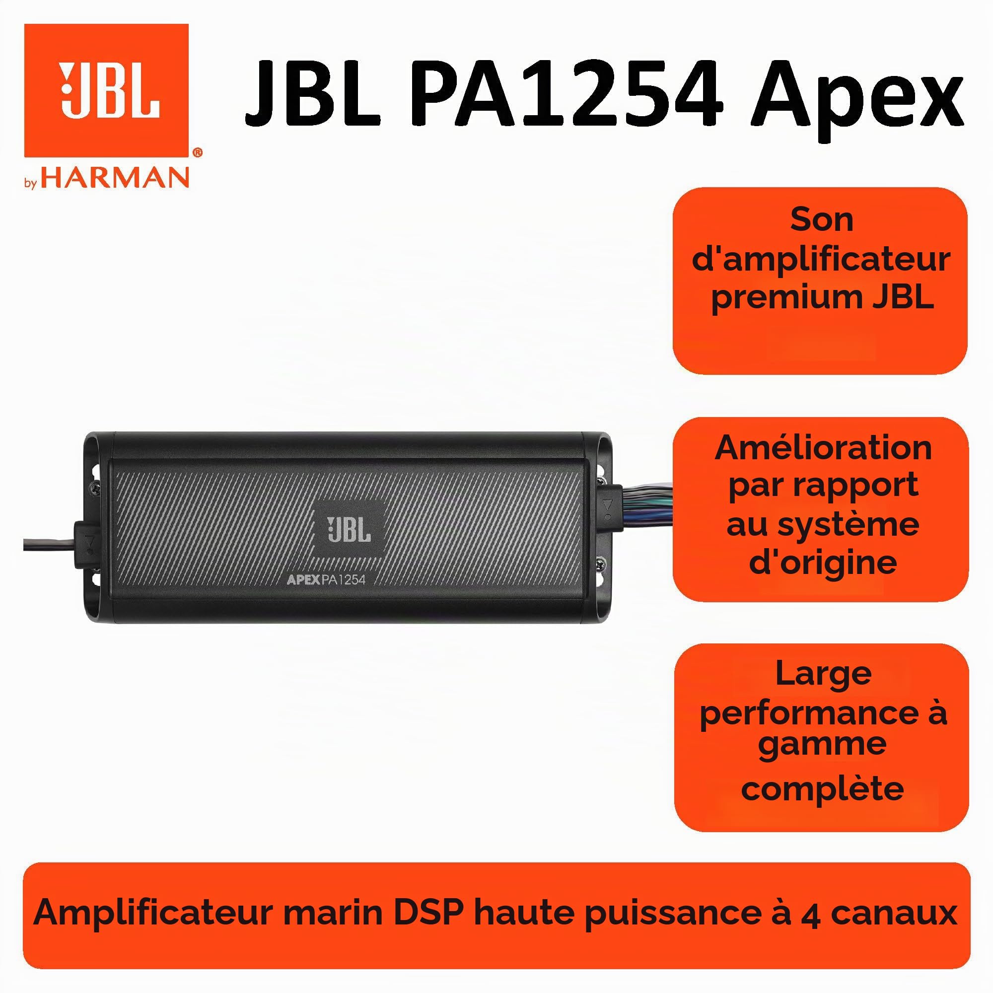 JBL APEX PA1254 - Ampli Voiture et Bateau 4 canaux - 1250 Watts Hifi Stéréo Ultra Compact et Puissant - Amplificateur Mini Étanche Classe D JBL pour la Marine et l'Automobile et les Sports Motorisés