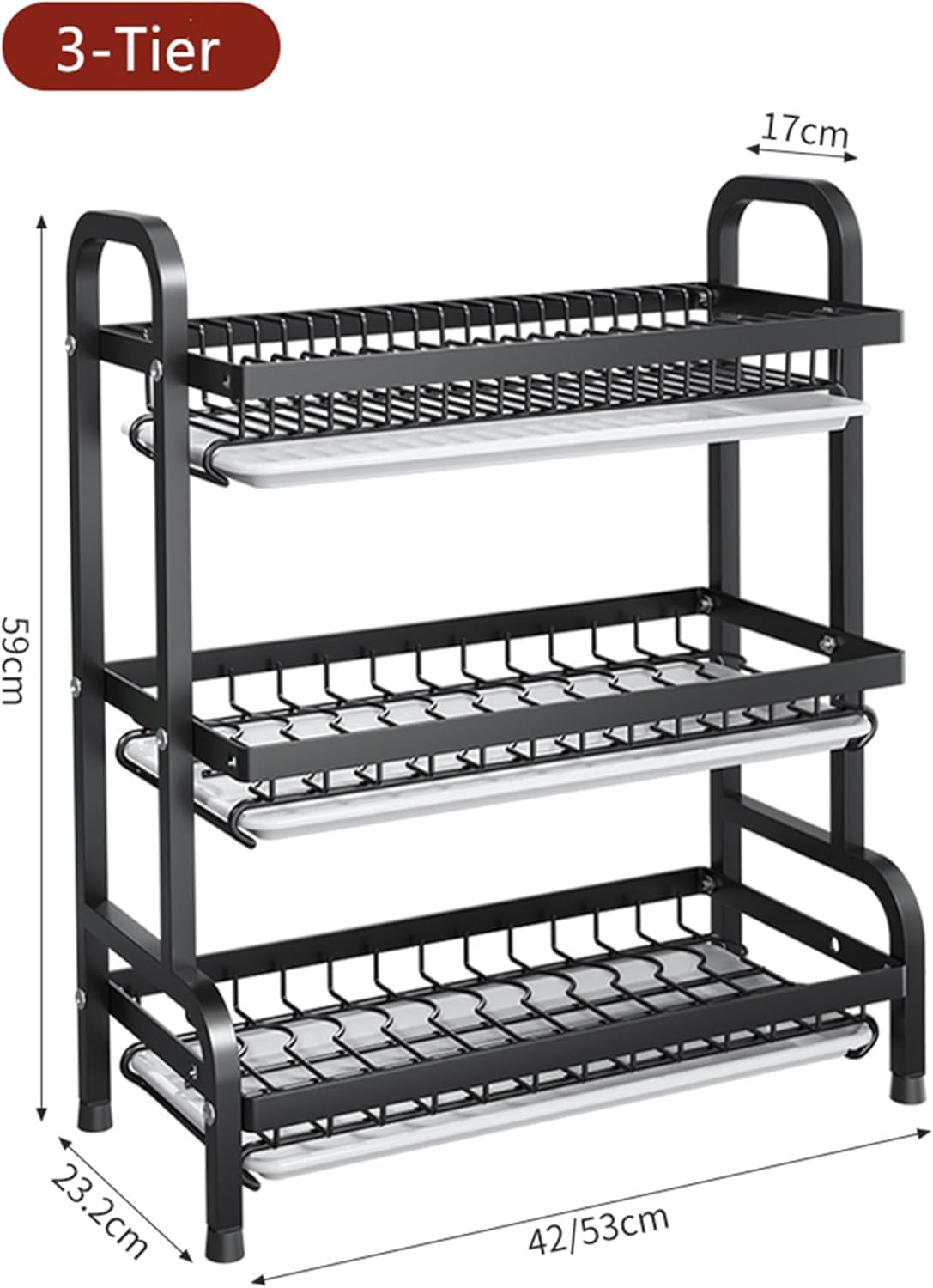 Dish Drying Rack, 3-Tier Space-Saving Dish Rack for Kitchen Counter, Metal Kitchen Organizers and Storage Rack, Large Capacity Dish Drainer, Black