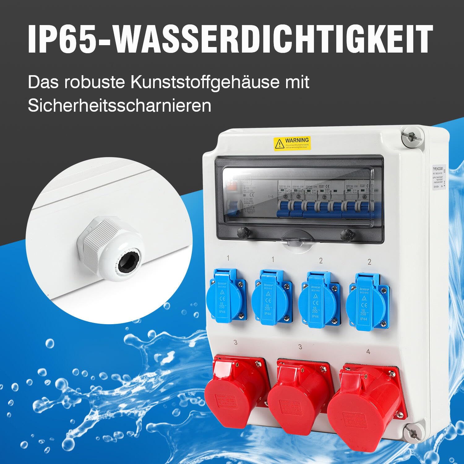 Wandverteiler mit Leitungsschutzschalter und FI,5 Polig Baustromverteiler mit 4xSchuko-Steckdose und CEE-Steckdose 16/32A Stromverteiler für Innen und Außen