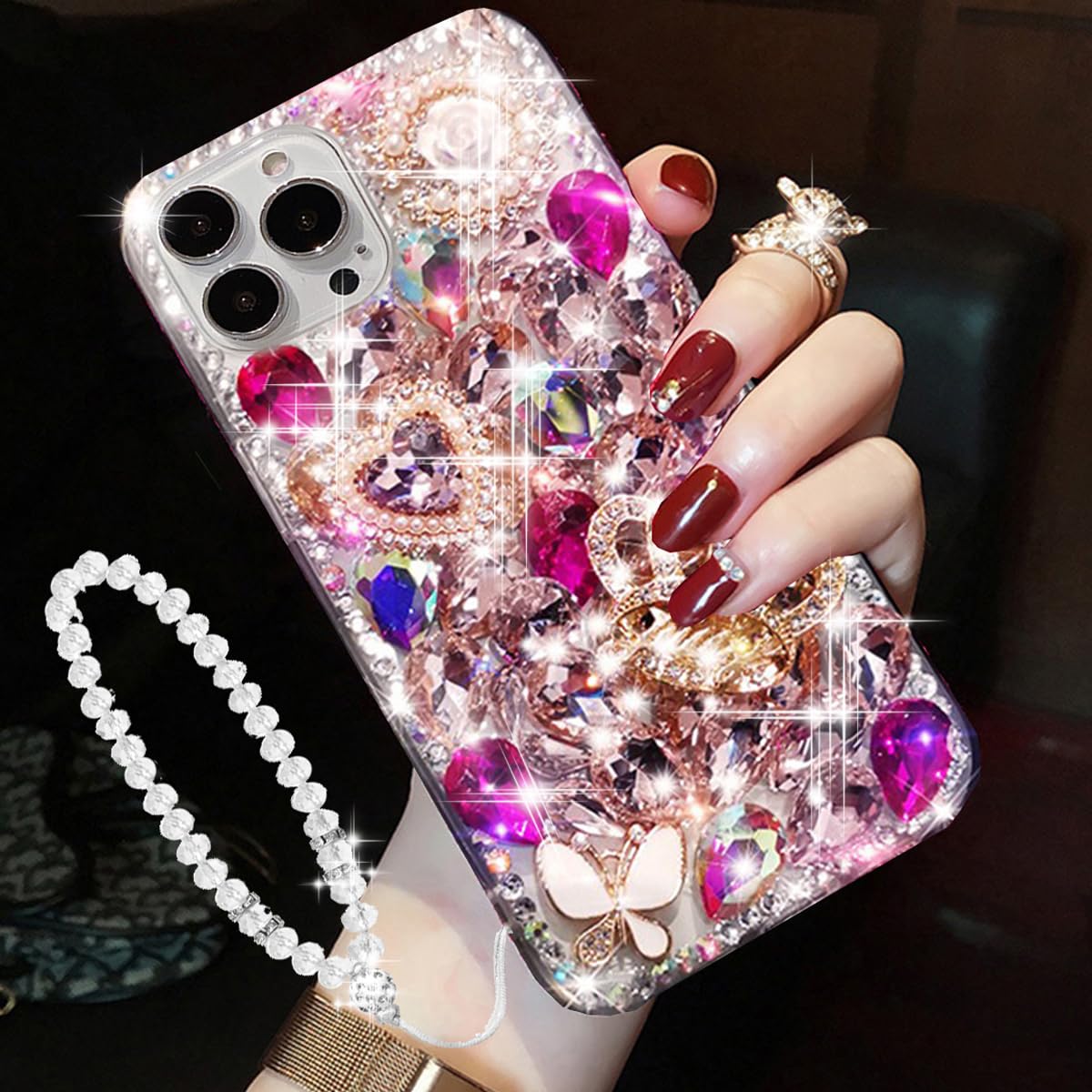 Amazon.com: Changjia for iPhone 15 Pro Max Glitter Bling Case, Cute 3D  Crown Heart Crystal Rhinestone Diamond Sparkle Shiny Gems Pearl with Wrist  Strap Women Girls Phone Case for iPhone 15 Pro