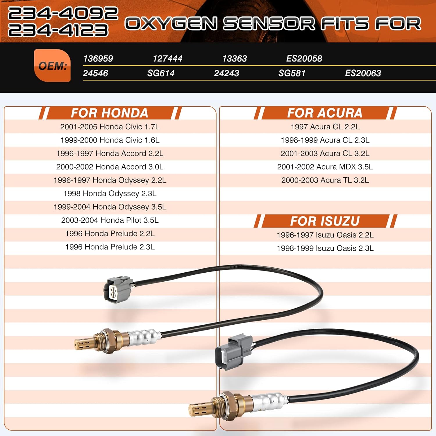 2Pcs Oxygen O2 Sensor Upstream Downstream Compatible with Honda Civic 2001-2005 1.7L Front & Rear O2 Sensor Replaces 234-4092 234-4123 D17A7