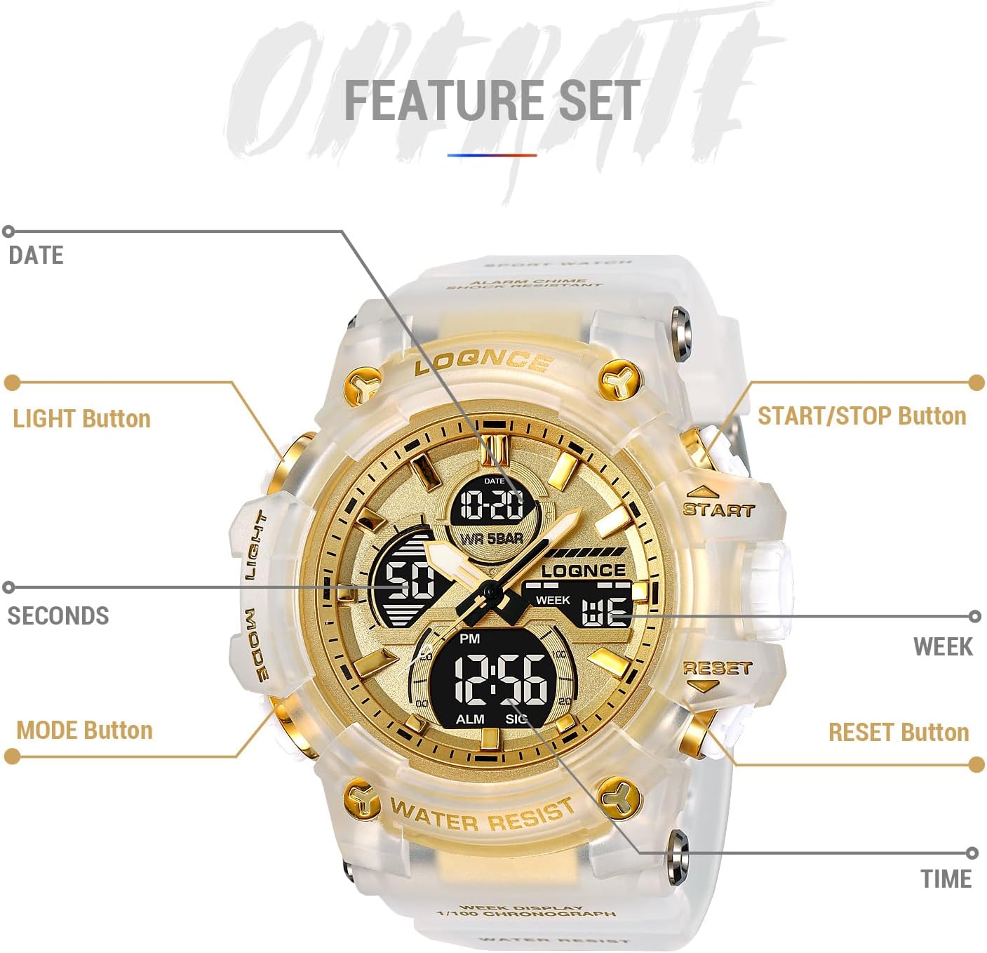 FANMIS Mens Watch for Men Analog Digital Sport Watch Transparent Gold Watches Waterproof Military Style Big Face Wristwatch with Stopwatch/Alarm/Countdown/Dual Time/Luminous Backlight