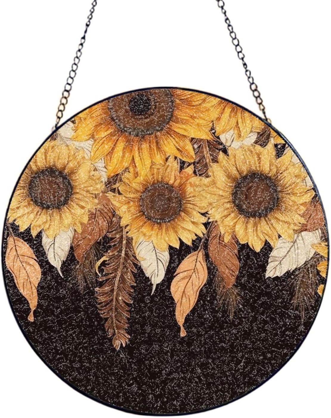 10in Stained Glass Window Hanging,Window Suncatcher Glass Panel with Metal Chain Sunflowers with Feather Sun Catchers Wall Art Home Decor Gift for Women Mother's Day