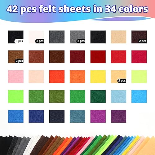Miniatura 2 de HTVRONT Hojas de fieltro para manualidades, 42 hojas de fieltro rígido, 34 colores surtidos de 4 x 4 pulgadas, hojas de tela de fieltro de 0.039 in