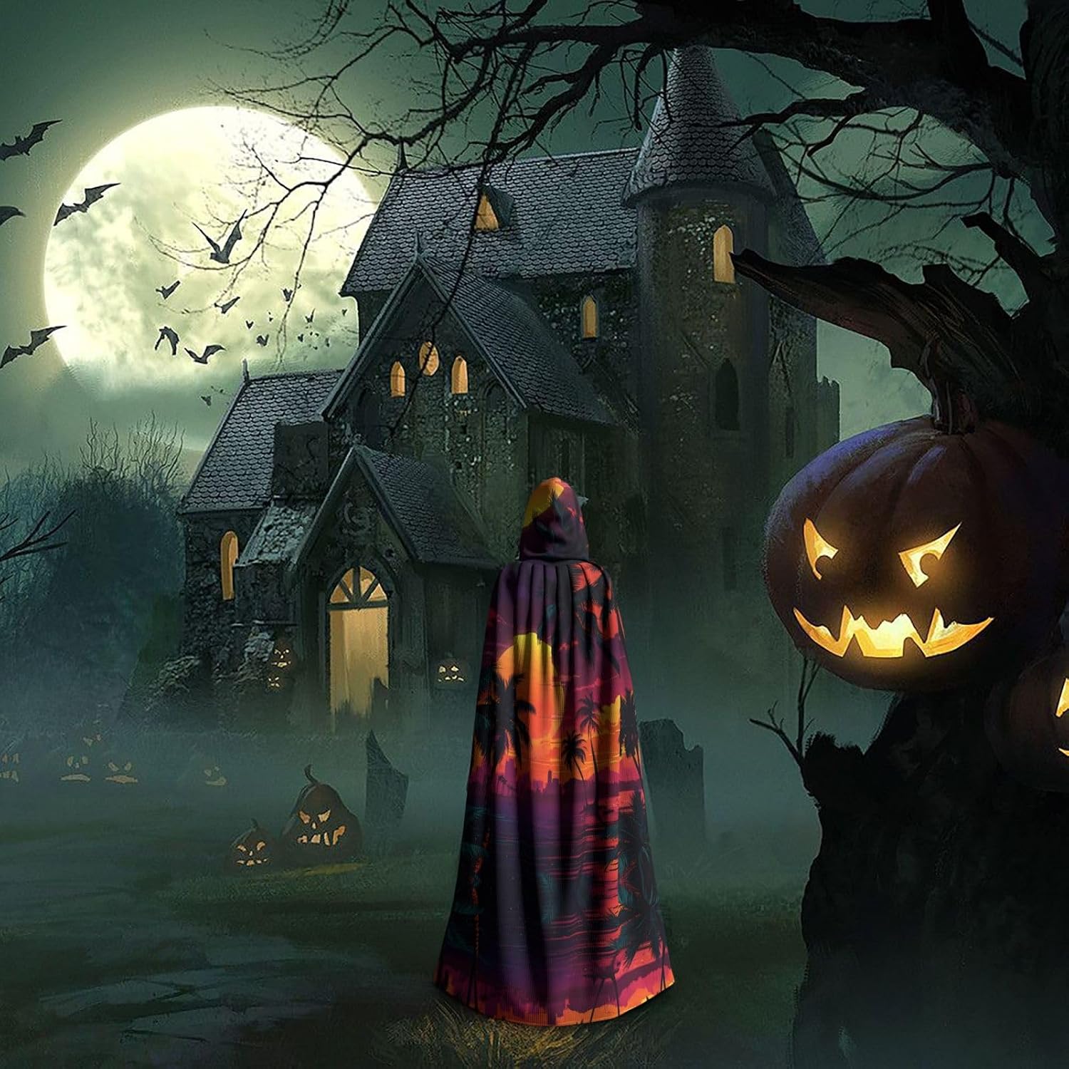 dusk exaggerated neon Patterned hooded cape, robe Cosplay costume for men and women, Halloween adult role play costume