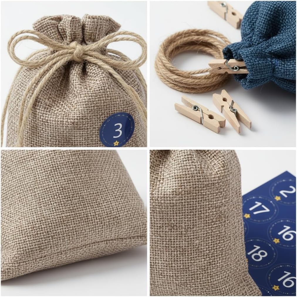 24 Advent Calendar Bags With Numbers, Christmas Burlap Gift Bags, 5x7 Inch Reusable Christmas Line Goodie Candy Bags Xmas Holiday Party Favor Pouch Small Gift Bags