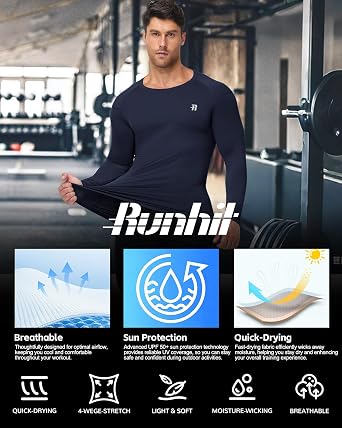 Runhit Men's Compression Base Layer Long Sleeve Top, UPF 50+ Quick Dry Sports Undershirt for Running Gym Cycling Football Golf Training