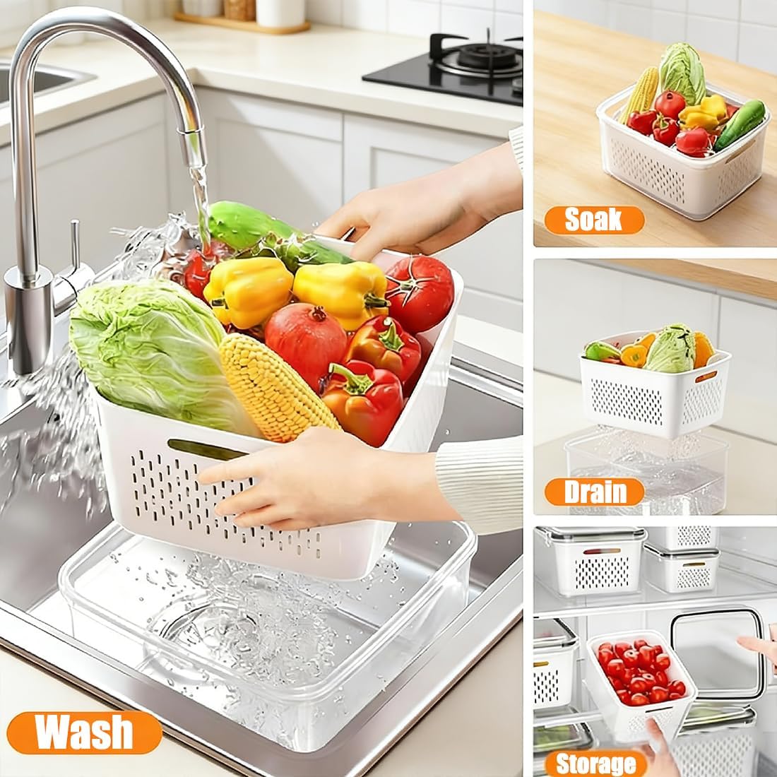 Fruit Storage Containers for Fridge, Fruit Containers for Fridge with Removable Colander, Food Storage Containers with Lids, Leakproof Fridge Organizer for Salad Berry Vegetables & Meat (4 Set)