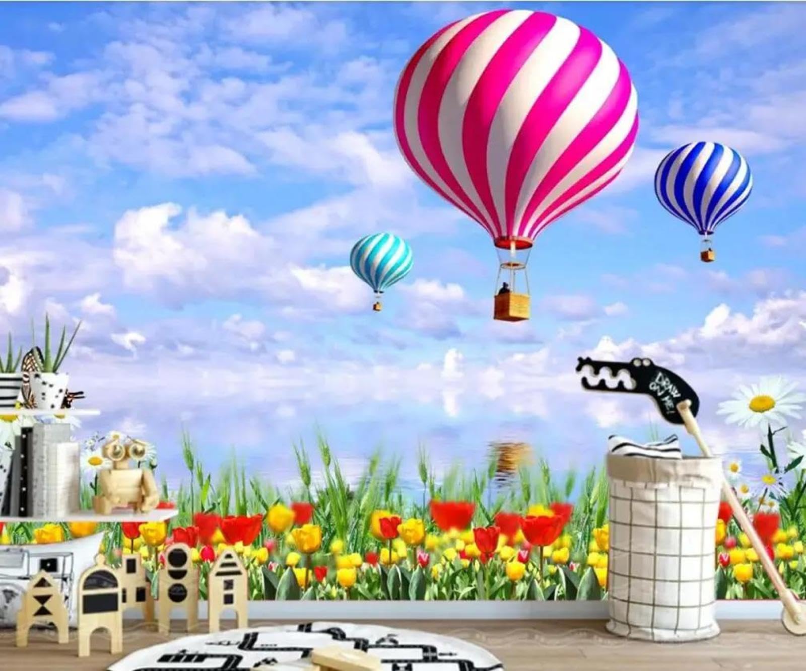 Papier peint montgolfière 3D ILIYA pour agrandir visuellement un salon sombre