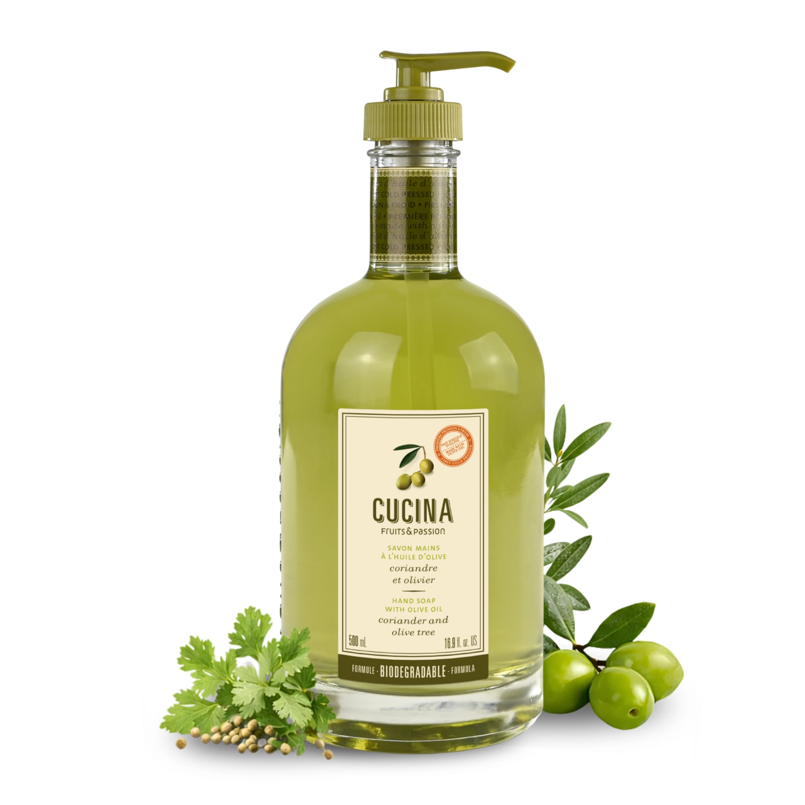 Fruits & Passion [Cucina] - Coriander & Olive Tree Hand Soap, Kitchen Liquid Hand Soap, Vegan, Natural Moisturizing Hand Wash in Glass Hand Soap Dispenser (16.9 fl oz)