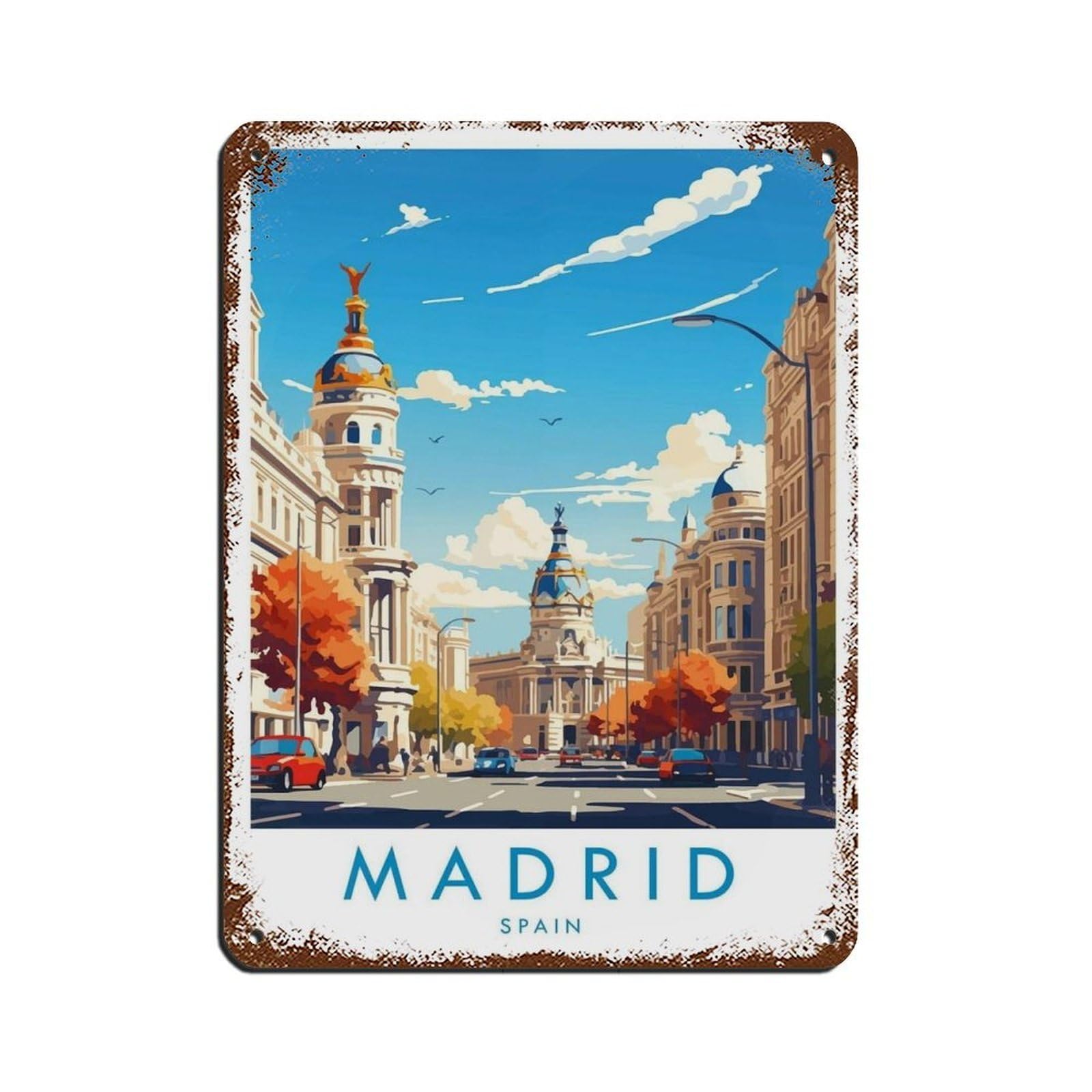 Madrid Travel Poster, Spain（10） Retro Poster Metal Tin Sign Chic Art Retro Iron Painting Bar People Cave Cafe Family Garage Poster Wall Decoration 12x16inch(30x40cm)