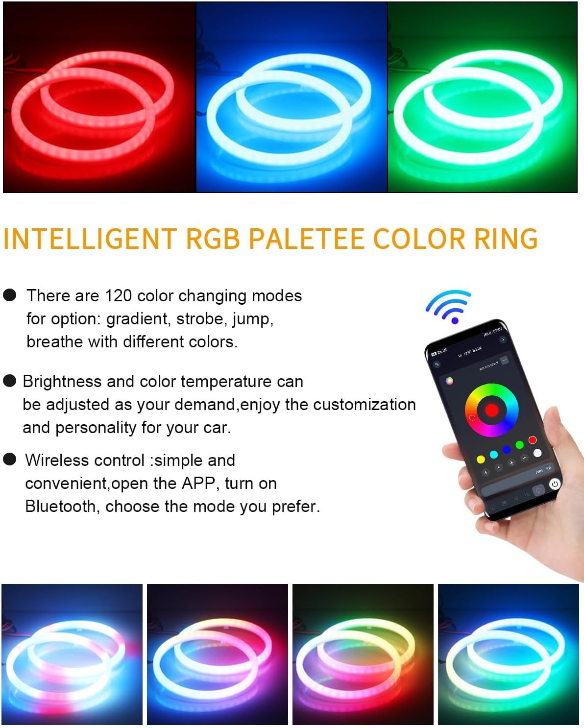 Qasim 80MM LED Angel Eyes Halo Anelli di cotone Luci 12 V RGB universale per auto moto Scooter Moto DRL del faro APP Controllo Bluetooth Multi-Color 2-Pack