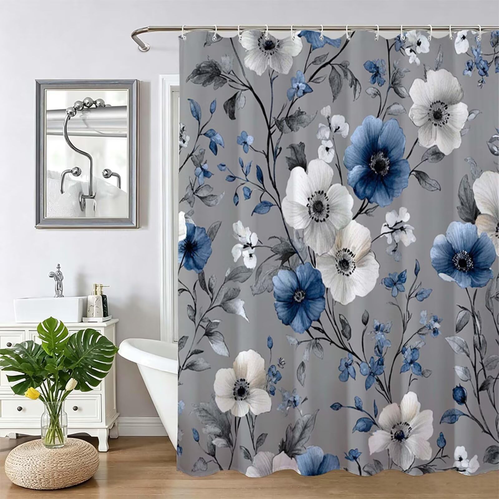 Rideau de douche 120x200cm gris en tissu avec 12 crochets inclus fleur Z-306